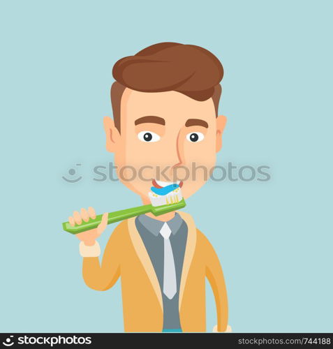 Young caucasian businessman brushing his teeth. Smiling man cleaning teeth. Cheerful man taking care of his teeth. Happy man with toothbrush in hand. Vector flat design illustration. Square layout.. Man brushing his teeth vector illustration.