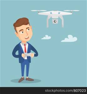 Young caucasian businessman flying a drone with a remote control. Cheerful man operating a drone with a remote control. Happy man controling a drone. Vector flat design illustration. Square layout.. Man flying drone vector illustration.