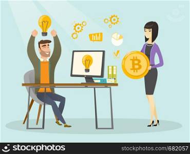 Young caucasian businessman getting investment in the form of bitcoin coin for his startup business project. Concept of successful promotion of new cryptocurrency startup. Vector cartoon illustration.. Successful promotion of new cryptocurrency startup