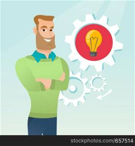 Young caucasian businessman having a business idea. Cheerful businessman with business idea lightbulb in a cogwheel. Concept of successful business idea. Vector cartoon illustration. Square layout.. Caucasian man with business idea lightbulb in gear