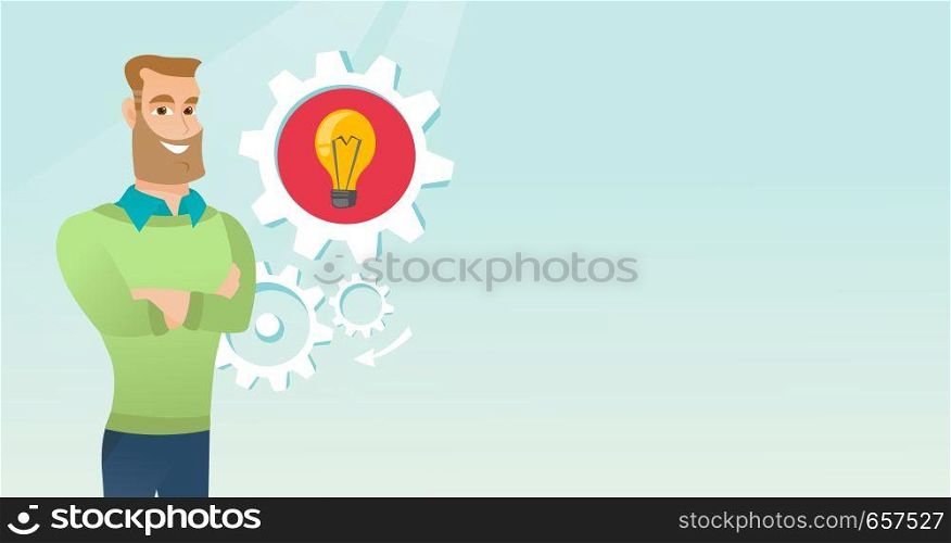 Young caucasian businessman having a business idea. Cheerful businessman with business idea lightbulb in a cogwheel. Concept of successful business idea. Vector cartoon illustration. Horizontal layout. Caucasian man with business idea lightbulb in gear