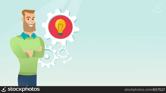 Young caucasian businessman having a business idea. Cheerful businessman with business idea lightbulb in a cogwheel. Concept of successful business idea. Vector cartoon illustration. Horizontal layout. Caucasian man with business idea lightbulb in gear