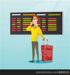 Young caucasian businessman looking at departure board at the airport. Passenger with suitcase standing on the background of departure board at the airport. Vector cartoon illustration. Square layout.. Man looking at departure board at the airport.