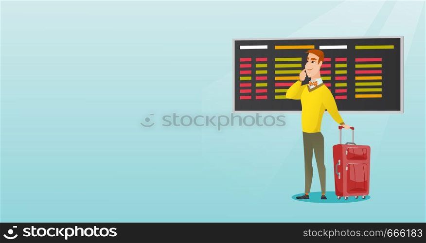 Young caucasian businessman looking at departure board at the airport. Man with suitcase standing on the background of departure board at the airport. Vector cartoon illustration. Horizontal layout.. Man looking at departure board at the airport.