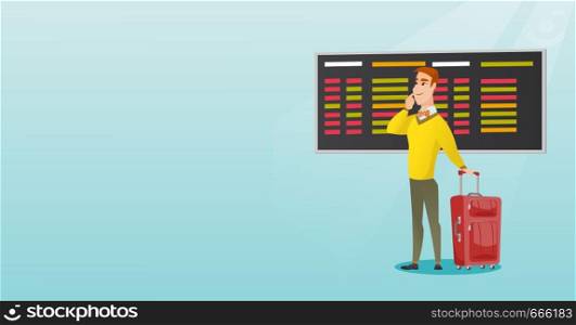 Young caucasian businessman looking at departure board at the airport. Man with suitcase standing on the background of departure board at the airport. Vector cartoon illustration. Horizontal layout.. Man looking at departure board at the airport.