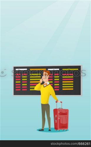 Young caucasian businessman looking at departure board at the airport. Passenger with suitcase standing on the background of departure board at airport. Vector cartoon illustration. Vertical layout.. Man looking at departure board at the airport.