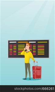 Young caucasian businessman looking at departure board at the airport. Passenger with suitcase standing on the background of departure board at airport. Vector cartoon illustration. Vertical layout.. Man looking at departure board at the airport.