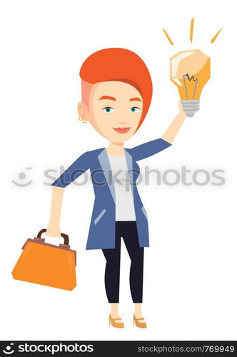 Young caucasian businessman pointing at business idea light bulb. Businesswoman having a business idea. Successful business idea concept. Vector flat design illustration isolated on white background.. Successful business idea vector illustration.