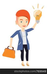Young caucasian businessman pointing at business idea light bulb. Businesswoman having a business idea. Successful business idea concept. Vector flat design illustration isolated on white background.. Successful business idea vector illustration.