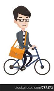Young caucasian businessman riding a bicycle. Cyclist riding a bicycle. Businessman with briefcase on a bicycle. Healthy lifestyle concept. Vector flat design illustration isolated on white background. Businessman riding bicycle vector illustration.