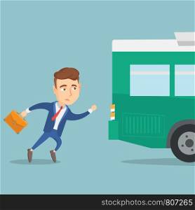 Young caucasian businessman running for an outgoing bus. Man with briefcase chasing a bus. Latecomer man running to reach a bus. Vector flat design illustration. Square layout. Latecomer man running for the bus.