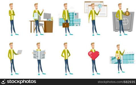 Young caucasian businessman set. Businessman gesticulating with his hands, talking on phone, pointing finger at idea light bulb. Set of vector flat design illustrations isolated on white background.. Caucasian businessman vector illustrations set.