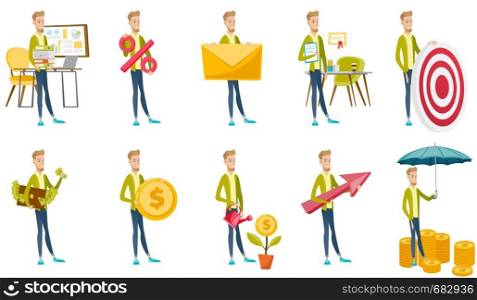 Young caucasian businessman set. Businessman holding folders, envelope, briefcase with money, dollar coin, watering money flower. Set of vector flat design illustrations isolated on white background. Caucasian businessman vector illustrations set.