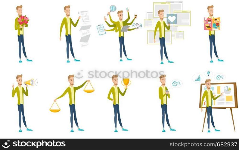 Young caucasian businessman set. Businessman holding scales, trophy, reading magazine, using mobile phone, giving a presentation. Set of vector flat design illustrations isolated on white background.. Caucasian businessman vector illustrations set.