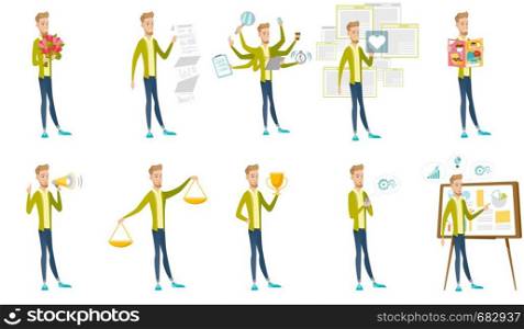 Young caucasian businessman set. Businessman holding scales, trophy, reading magazine, using mobile phone, giving a presentation. Set of vector flat design illustrations isolated on white background.. Caucasian businessman vector illustrations set.