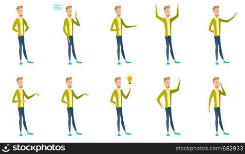 Young caucasian businessman set. Businessman shaking his finger, giving a speech, pointing finger up, talking on mobile phone. Set of vector flat design illustrations isolated on white background.. Caucasian businessman vector illustrations set.