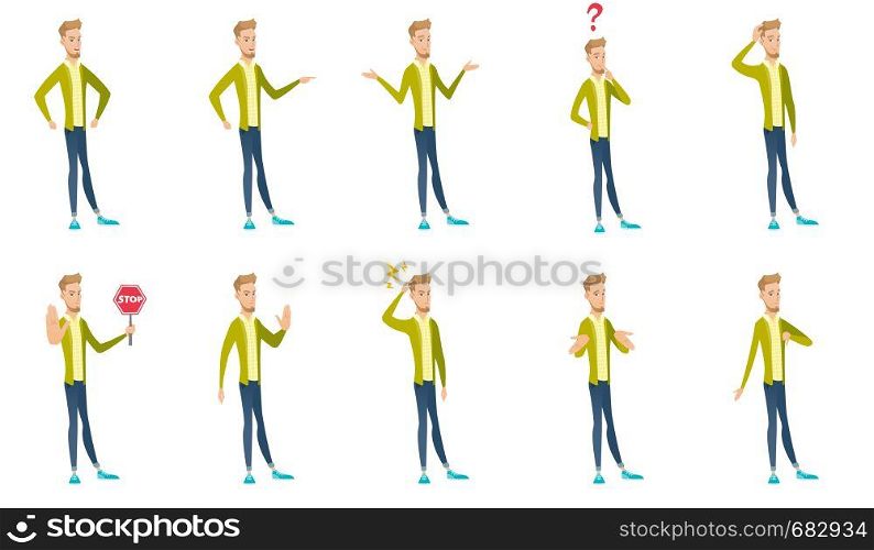 Young caucasian businessman set. Businessman shrugging shoulders, scratching head, showing thumb down, standing under lightning. Set of vector flat design illustrations isolated on white background.. Caucasian businessman vector illustrations set.