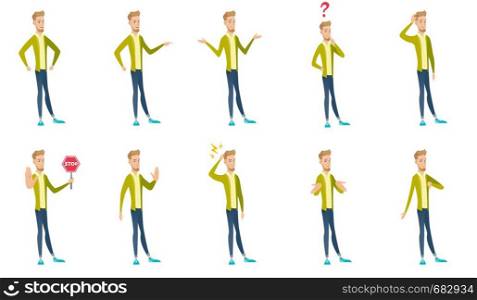Young caucasian businessman set. Businessman shrugging shoulders, scratching head, showing thumb down, standing under lightning. Set of vector flat design illustrations isolated on white background.. Caucasian businessman vector illustrations set.