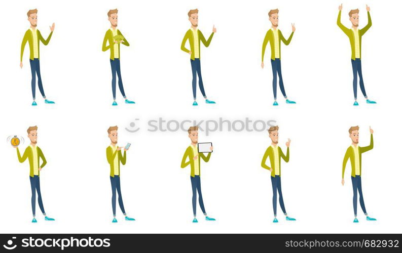 Young caucasian businessman set. Businessman waving hand, giving thumb up, showing victory gesture, ok sign, pointing finger up. Set of vector flat design illustrations isolated on white background.. Caucasian businessman vector illustrations set.
