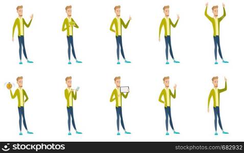 Young caucasian businessman set. Businessman waving hand, giving thumb up, showing victory gesture, ok sign, pointing finger up. Set of vector flat design illustrations isolated on white background.. Caucasian businessman vector illustrations set.