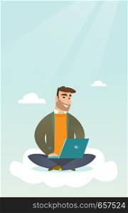 Young caucasian businessman sitting on a cloud and working on a laptop. Hipster businessman using cloud computing technologies. Concept of cloud computing. Vector cartoon illustration. Vertical layout. Caucasian man using cloud computing technologies.
