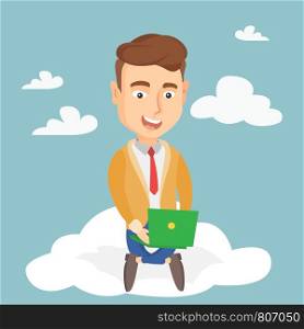 Young caucasian businessman sitting on a cloud and working on a laptop. Excited businessman using cloud computing technology. Concept of cloud computing. Vector flat design illustration. Square layout. Man using cloud computing technology.