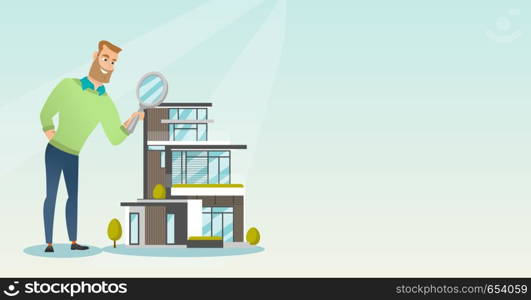 Young caucasian businessman using a magnifying glass for looking for a new house. Man using a magnifying glass to look closer at a house model. Vector flat design illustration. Horizontal layout.. Young caucasian man looking for house.