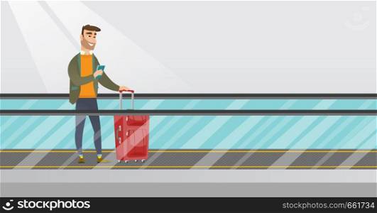 Young caucasian businessman using smartphone on an escalator at the airport. Businessman standing on escalator with suitcase and looking at smartphone. Vector cartoon illustration. Horizontal layout.. Man using smartphone on escalator at the airport.