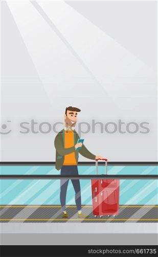 Young caucasian businessman using smartphone on an escalator at the airport. Businessman standing on an escalator with suitcase and looking at smartphone. Vector cartoon illustration. Vertical layout.. Man using smartphone on escalator at the airport.
