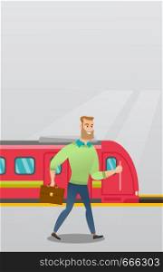 Young caucasian businessman walking on railway station platform on the background of train. Hipster businessman with briefcase going out of the train. Vector cartoon illustration. Vertical layout.. Young man walking on a railway station platform.