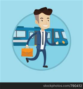 Young caucasian businessman walking on the train platform. Businessman going out of train. Happy businessman at the train station. Vector flat design illustration in the circle isolated on background.. Businessman at train station vector illustration.