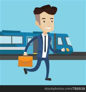 Young caucasian businessman walking on the train platform on the background of train. Man going out of train. Happy businessman at the train station. Vector flat design illustration. Square layout.. Businessman at train station vector illustration.
