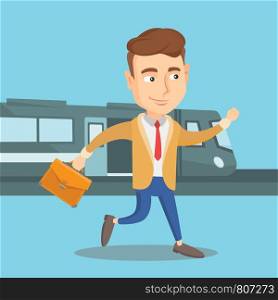 Young caucasian businessman walking on the train platform on the background of train. Man going out of train. Happy businessman at the train station. Vector flat design illustration. Square layout.. Businessman at train station vector illustration.