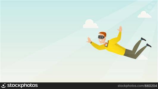 Young caucasian businessman wearing virtual reality headset and flying in sky. Man in virtual reality device having fun while flying in virtual reality. Vector cartoon illustration. Horizontal layout.. Businessman in vr headset flying in the sky.