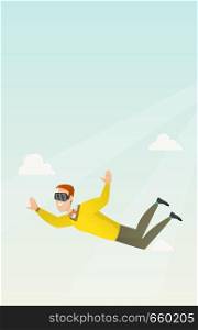 Young caucasian businessman wearing virtual reality headset and flying in sky. Man in virtual reality device having fun while flying in virtual reality. Vector cartoon illustration. Vertical layout.. Businessman in vr headset flying in the sky.