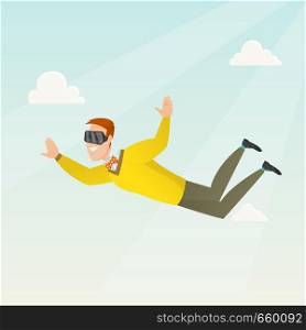 Young caucasian businessman wearing virtual reality headset and flying in the sky. Man in virtual reality device having fun while flying in virtual reality. Vector cartoon illustration. Square layout.. Businessman in vr headset flying in the sky.