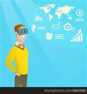 Young caucasian businessman wearing virtual reality headset and looking at digital display with business graphs. Businessman analyzing virtual data. Vector cartoon illustration. Square layout.. Businessman in vr headset analyzing virtual data.