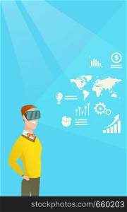 Young caucasian businessman wearing virtual reality headset and looking at digital display with business graphs. Businessman analyzing virtual data. Vector cartoon illustration. Vertical layout.. Businessman in vr headset analyzing virtual data.