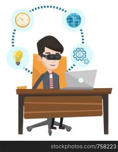 Young caucasian businessman wearing virtual reality headset and working on computer. Businessman using virtual reality device in office. Vector flat design illustration isolated on white background.. Businessman in vr headset working on computer.