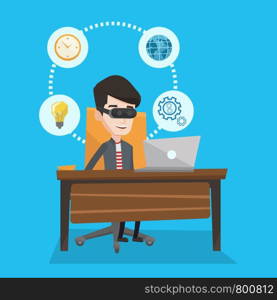 Young caucasian businessman wearing virtual reality headset and working on computer. Happy smiling businessman using virtual reality device in office. Vector flat design illustration. Square layout.. Businessman in vr headset working on computer.