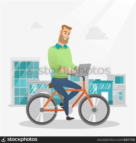 Young caucasian businessman working on a laptop while riding a bicycle. Hipster man riding a bicycle to work. Businessman riding a bicycle in the city. Vector cartoon illustration. Square layout.. Businessman riding a bicycle with a laptop.
