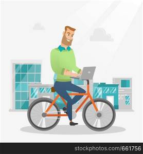 Young caucasian businessman working on a laptop while riding a bicycle. Hipster man riding a bicycle to work. Businessman riding a bicycle in the city. Vector cartoon illustration. Square layout.. Businessman riding a bicycle with a laptop.