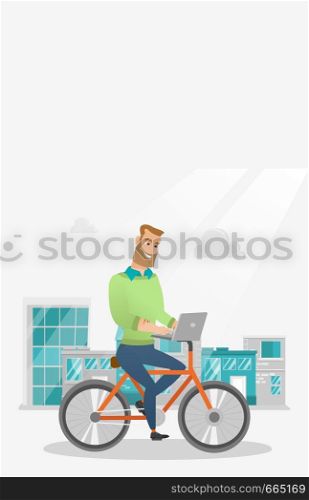 Young caucasian businessman working on a laptop while riding a bicycle. Hipster man riding a bicycle to work. Businessman riding a bicycle in the city. Vector cartoon illustration. Vertical layout.. Businessman riding a bicycle with a laptop.