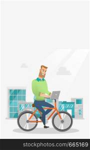 Young caucasian businessman working on a laptop while riding a bicycle. Hipster man riding a bicycle to work. Businessman riding a bicycle in the city. Vector cartoon illustration. Vertical layout.. Businessman riding a bicycle with a laptop.