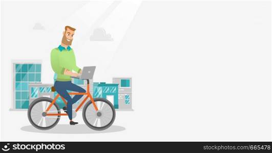 Young caucasian businessman working on a laptop while riding a bicycle. Hipster man riding a bicycle to work. Businessman riding a bicycle in the city. Vector cartoon illustration. Horizontal layout.. Businessman riding a bicycle with a laptop.