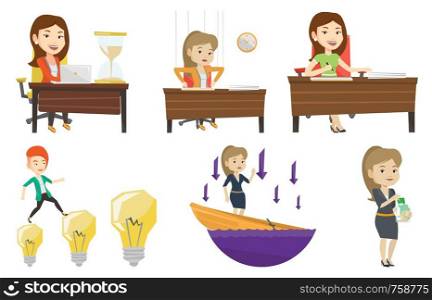 Young caucasian businesswoman signing business documents in office. Confirmation of transaction by signing of business contract. Set of vector flat design illustrations isolated on white background.. Vector set of business characters.