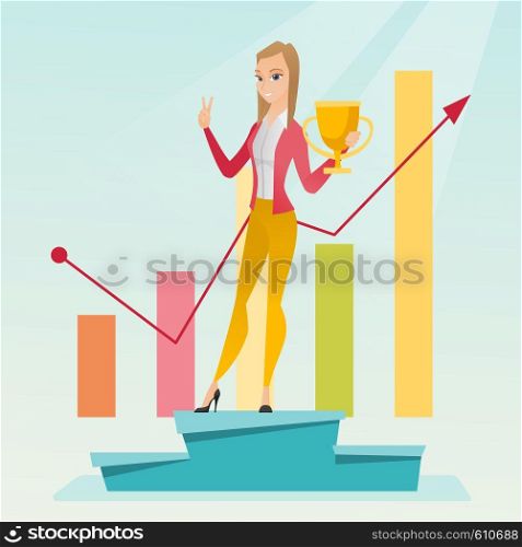 Young caucasian businesswoman with business award standing on a pedestal. Cheerful businesswoman celebrating her business award. Business award concept. Vector flat design illustration. Square layout.. Business woman proud of her business award.