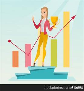 Young caucasian businesswoman with business award standing on a pedestal. Cheerful businesswoman celebrating her business award. Business award concept. Vector flat design illustration. Square layout.. Business woman proud of her business award.