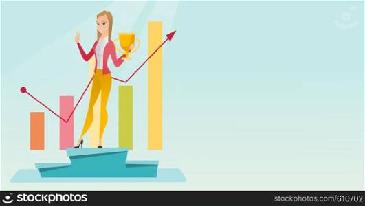 Young caucasian businesswoman with business award standing on a pedestal. Cheerful businesswoman celebrating business award. Business award concept. Vector flat design illustration. Horizontal layout.. Business woman proud of her business award.