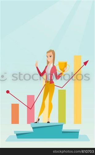 Young caucasian businesswoman with business award standing on pedestal. Cheerful businesswoman celebrating her business award. Business award concept. Vector flat design illustration. Vertical layout.. Business woman proud of her business award.
